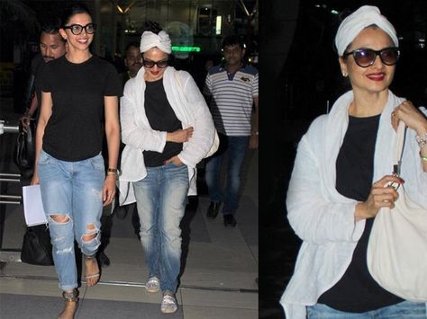 OMG! Rekha Rocks A Denim Look With Gypsy Headband! White Shrug Outfit Casual, White Shrug Outfit, Rekha Style, White Shrug, Mumbai Airport, Celebrity Casual Outfits, Girls Status, Celebrity Style Inspiration, Embellished Skirt