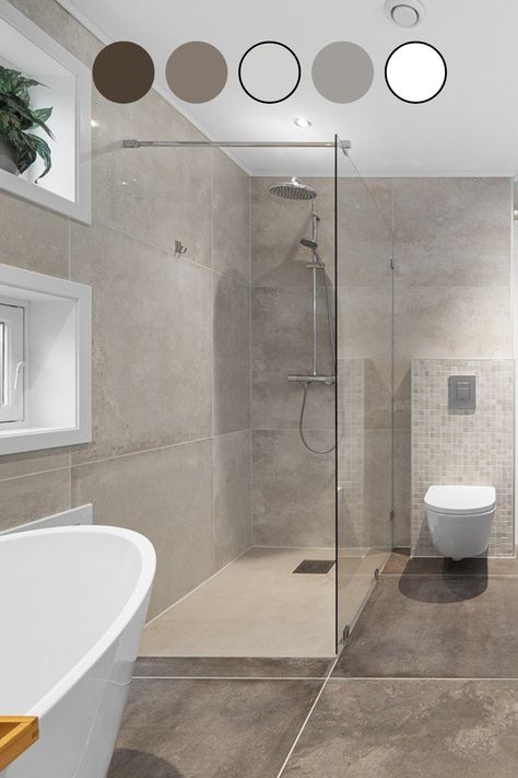 Beautiful combo of greys. Olive, grey, light grey, dark grey & then using accents of white.   Big tiles always work. Open showers always work. simple decor  #modernbathroom #contemporarybathroom  #minimalistbathroom #modernbathroomideas #modernbathroomdesigns #modernbathroominspo #contemporarybathroomideas #contemporarybathroomdesigns #contemporarybathroominspo #minimalistbathroomideas #minimalistbathroomdesigns #minimalistbathroominspo #modernbathrooms #contemporaybathrooms #minimalistbathrooms Minimalist Grey Bathroom, New Tiles Design For Bathroom, Big Grey Tiles Bathroom, Light Grey Bathroom Floor, Bathroom Tile Grey, Bathroom Interior Design Modern Grey, Light Grey Bathroom Ideas, Light Gray Bathroom, Bathroom Tiles Combination