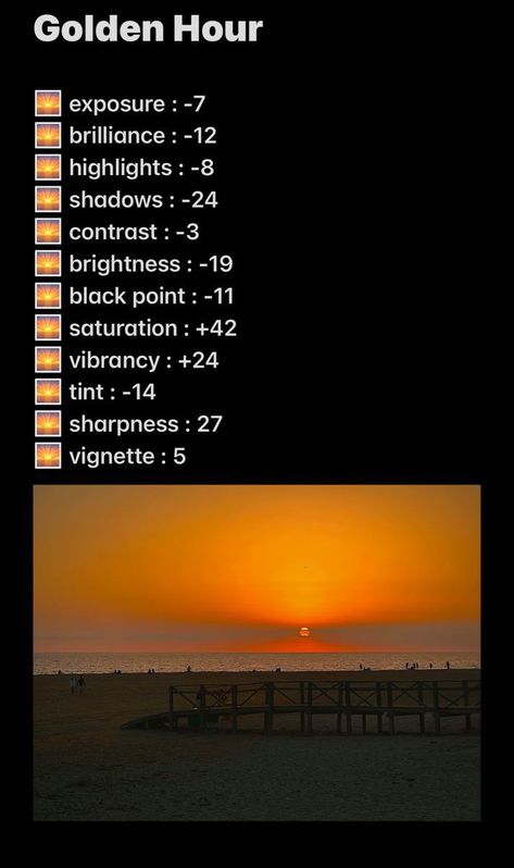 Golden Hour Photo Editing, Sunset Picture Editing Iphone, Iphone Editing Pictures Sunset, Sunset Pic Editing, Sunset Editing Lightroom, Sunset Settings Iphone, Sunset Picture Settings, Sunrise Iphone Edit, Sunset Photo Editing