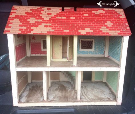 Vintage Doll House Makeover Before | Five Marigolds Doll House Makeover, Vintage Doll House, Dollhouse Vintage, Dollhouse Decorating, Dollhouse Tutorials, House Restoration, House Makeover, Doll House Plans, Doll House Crafts