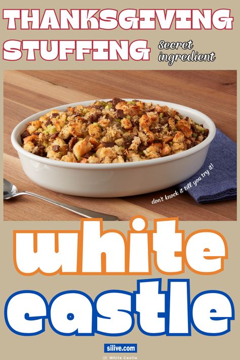 A white dish filled with stuffing made from White Castle sliders. White Castle Stuffing Recipe, Crockpot Stuffing Thanksgiving, White Castle Stuffing, Krystal Burger, Thanksgiving Stuffing Recipe, White Castle Sliders, Carb Sides, 2024 Party, Delicious Sides