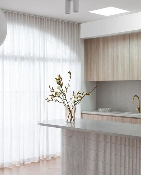 Solly Studios on Instagram: "A kitchen I would love to come down to on a morning ☕️ @_zenndesign 📸 #design #interiordesign #home #homedecor #homeinspo #homedesign #homestyle #homeimprovement #homeinterior #office #officedecor #officedesign #officeinspiration #officeinteriors #lighting" Sheer Curtains In Kitchen, Sheer Curtains Kitchen, Long Curtains In Kitchen, Sheer Curtain With Lights, S Fold Sheer Curtains, Recessed Curtains, Sheer Kitchen Curtains, Big Window Curtains, Decorating A Kitchen