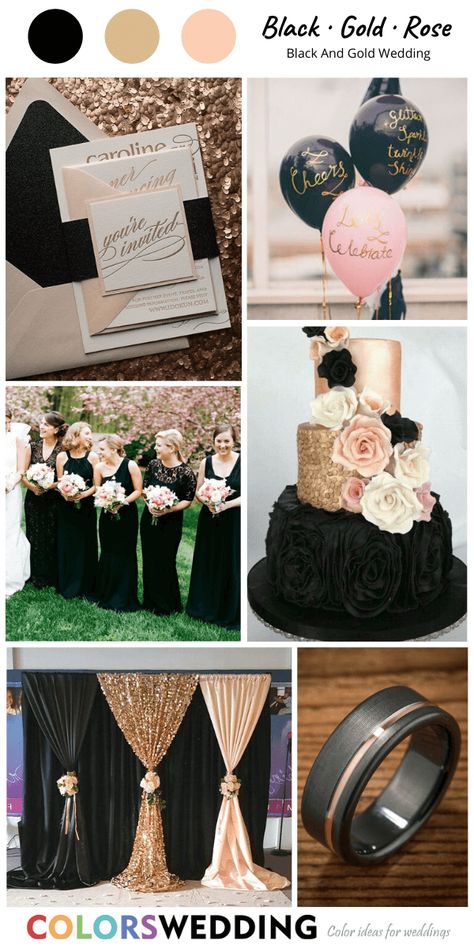 Black And Rose Gold Rustic Wedding, Dusty Rose Black And Gold Wedding, Black And Rose Gold Wedding Theme, Rose Gold And Black Wedding Theme, Black And Rose Gold Wedding, Black Rose Gold Wedding, Wedding Color Schemes Gold, Gold Rose Wedding, Wedding Black And Gold