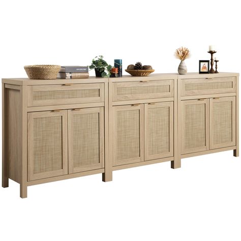 PRICES MAY VARY. 【Boho Credenza】Our sideboard blends modern and boho styles with its wooden cupboards, rattan doors, and gold handles, making it a perfect addition to any room in your home. 【Large and Flexible Storage】With spacious rattan cabinet and drawer, this buffet cabinet offers ample storage space for dishes and silverware. The adjustable shelf allows you to customize the interior space to suit your storage needs perfectly. 【Durable and Stable Construction】Crafted from high-quality wood w Rattan Credenza, Farmhouse Buffet Cabinet, Farmhouse Buffet, Rattan Sideboard, Farmhouse Coffee Bar, Wooden Cupboard, Farmhouse Sideboard, Entryway Cabinet, Storage Cabinet With Drawers