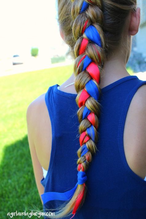 So Last year we got festive with some fourth of July star hair…(go here) and I wanted to show you that you can do it with twists as well as braids… and then we kept going and made a fun braid… You just take some ribbon (this was 1 inch wide) and just add it […] Blond Rose, Softball Hairstyles, Ribbon Braids, Sport Hair, Ribbon Hairstyle, Medium Long Hair, Cool Braids, Athletic Hairstyles, Star Hair