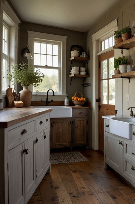 Traditional Farmhouse Interior Design, Old Farmhouse Interior Vintage, Historic Farmhouse Interiors, Country Kitchen Designs Farmhouse Style, Whitewashed Kitchen Cabinets, Whitewashed Cabinets, Barndo Decor, Elegant Farmhouse Kitchen, Whitewash Kitchen Cabinets