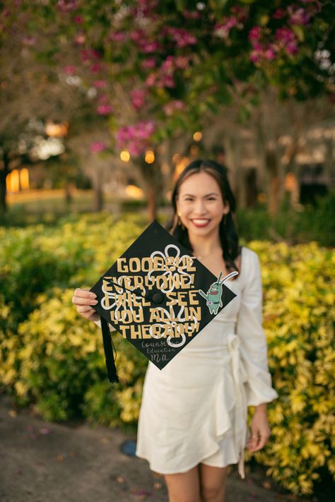 Graduation cap that reads “I will see you all in therapy!” With Plankton from Spongebob. Counselor Ed. M.A. Counselor Graduation Party, Counseling Grad Cap, Counseling Cap Decoration, Counseling Graduation Cap Ideas, Mental Health Graduation Cap, Counseling Graduation Cap, Counselor Graduation Cap, Psychology Graduation Cap Ideas, Therapist Graduation Cap