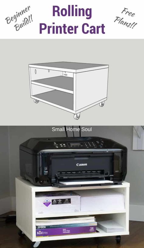 Build your own Rolling Printer Cart with my plans and organize all your papers in one place and keep the printer out of sight when not in use.  #officeideas #officeorganization #freeplans #buildityourself #DIYprintercart #spacesaver Small Easy Woodworking Projects, Printer Cart, Fine Woodworking Project, Ideas Habitaciones, Build Plans, Woodworking Project Plans, Printer Stand, Dekorasi Kamar Tidur, Easy Wood