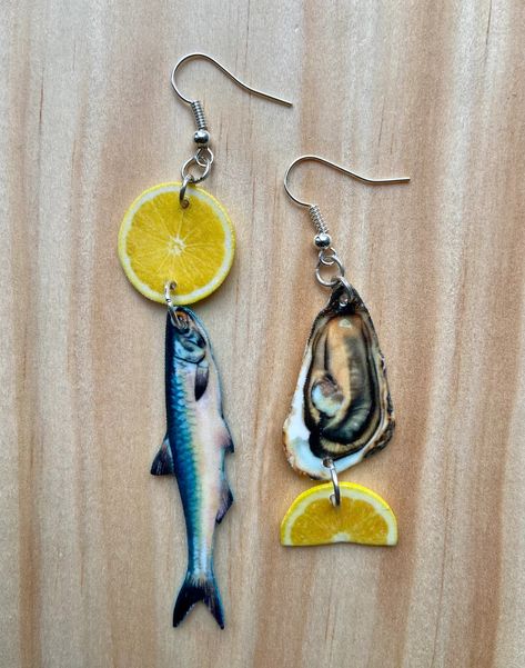 Anchovy and Oysters Earrings Summer Fun Food Sardines Anchovies Novelty Gift Lemon Fake Food - Etsy Sardine Jewelry, Sardine Earrings, Art Teacher Aesthetic, Tinned Fish, Fancy Fits, Fish Earrings, Food Earrings, Earrings Summer, Fake Food