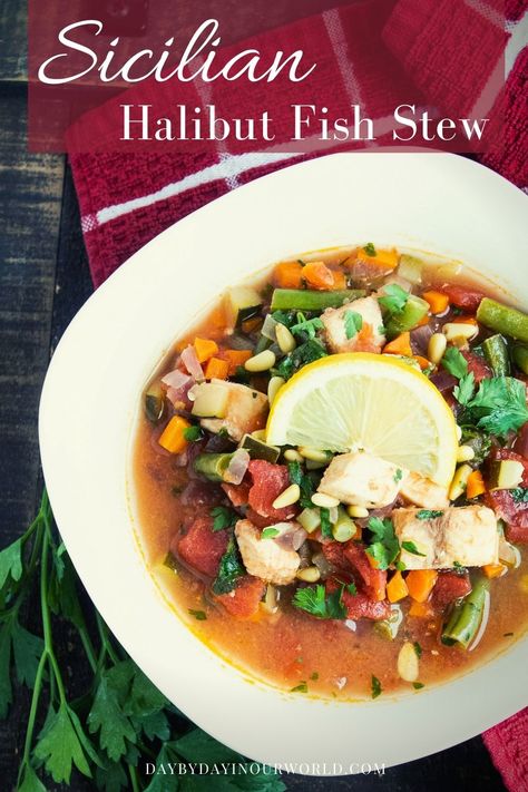 Halibut is a versatile fish that picks up the flavors you add to it. This Sicilian Halibut Fish Stew is easy to make. Enjoy it any time of year or use it as one of the dishes for the Feast of Seven Fishes on Christmas Eve. Halibut Soup, Feast Of Seven Fishes, Halibut Fishing, Seven Fishes, Filling Dinner, Fish Stew, Gourmet Cooking, Fresh Green Beans, Crock Pot Soup