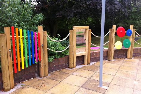 An old tatty patio area, take some false grass, a sail shade, some rope fencing and outdoors activities like chimes and mirror and here you have it. A great sensory garden area for the residents to enjoy. Result! Campus Beautification, Sensory Walls, Sensory Gardens, Sensory Space, Preschool Playground, Dinosaur Garden, Sensory Equipment, Music Garden, Cannon Ball