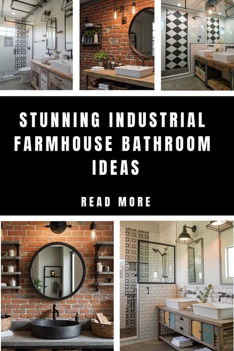 Stunning industrial farmhouse bathroom ideas with brick walls, round mirrors, and geometric tiles. Industrial Farmhouse Style, Industrial Farmhouse Bathroom Ideas, Industrial Chic Bathroom, Industrial Style Bathroom Ideas, Farmhouse Industrial Bathroom, Industrial Restroom, Steam Punk Bathroom, Bathroom Industrial Style, Modern Rustic Bathroom Ideas