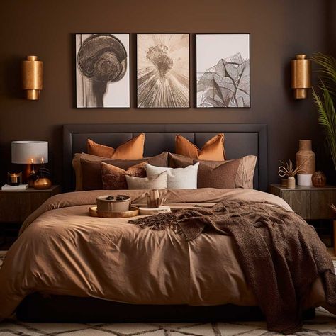 Shades Of Brown Bedroom Decor, Bedroom Ideas Browns, Brown And Gold Room Bedrooms, Copper Bedroom Decor Colour Schemes, Chocolate Bedroom Decor, Bedroom Inspirations Dark Walls, Brown Color Bedroom Ideas, Rich Brown Bedroom, Brown Aesthetic Interior Design