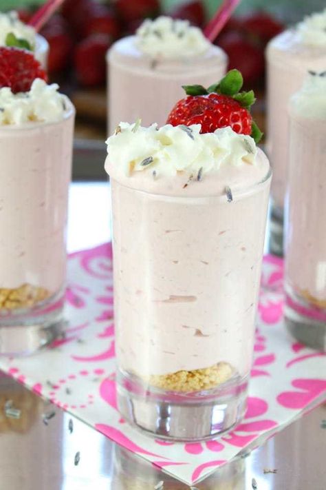 Strawberry Lavender Mousse Recipe from Miss in the Kitchen #cookforthecure Cheese Shortbread Cookies, Cream Cheese Shortbread, Lavender Mousse, Cheese Shortbread, Strawberry Lavender, Desserts In A Glass, Lavender Cake, Lavender Recipes, Pretty Dessert