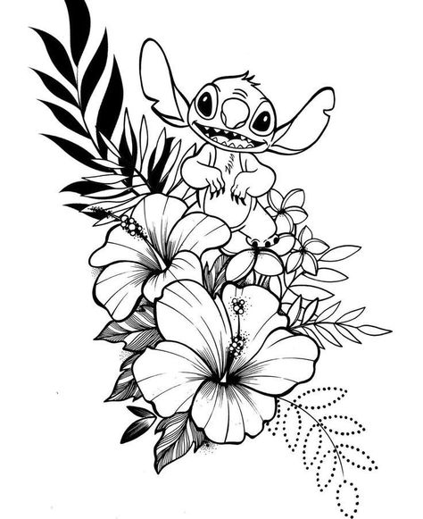 Disney Flower Tattoo Ideas, Stitch Mandala Tattoo, Lilo And Stitch Flower Tattoo, Disney Flower Tattoo, Stitch Drawing Sketches, Disney Tattoo Flash, Stitch Colouring, Tattoo Designs Watercolor, Tattoo Designs Mandala