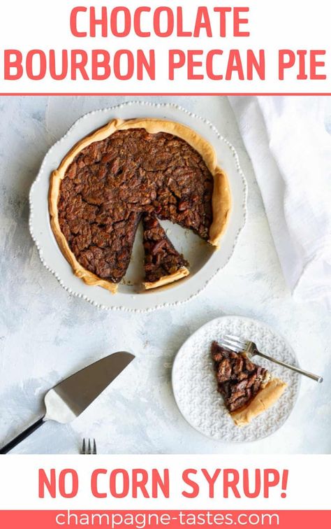 This chocolate bourbon pecan pie is sweetened with honey, molasses, and chocolate chips for a delicious twist on the Southern classic.  (No corn syrup!) Bourbon Pecan Pie Recipe, Pecan Pie Cheesecake Recipe, Chocolate Bourbon Pecan Pie, Southern Pies, Southern Pecan Pie, Bourbon Pecan Pie, Fun Thanksgiving Desserts, Chocolate Bourbon, Chocolate Pecan Pie