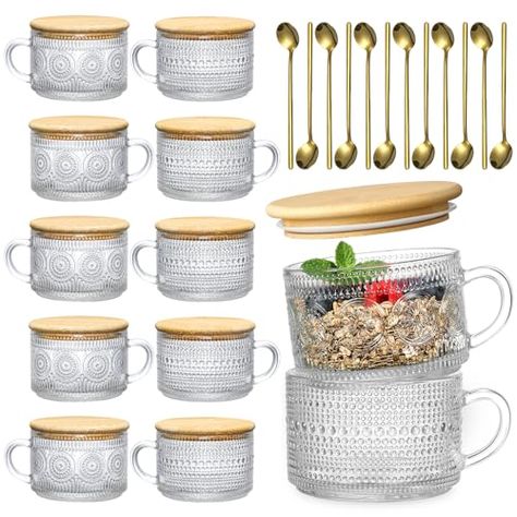 LANDNEOO 12pcs Set Irish Coffee Glasses, Vintage Coffee Mugs, Overnight Oats Containers with Bamboo Lids and Spoons - 14oz Clear Embossed Glass Cups, Cute Coffee Bar Accessories, Iced Coffee Glasses Cute Coffee Bar, Metal Spoons, Coffee Bar Accessories, Coffee Glasses, Gold Spoon, Glass Coffee Cups, Kitchen Must Haves, Coffee Cup Set, Glasses Vintage