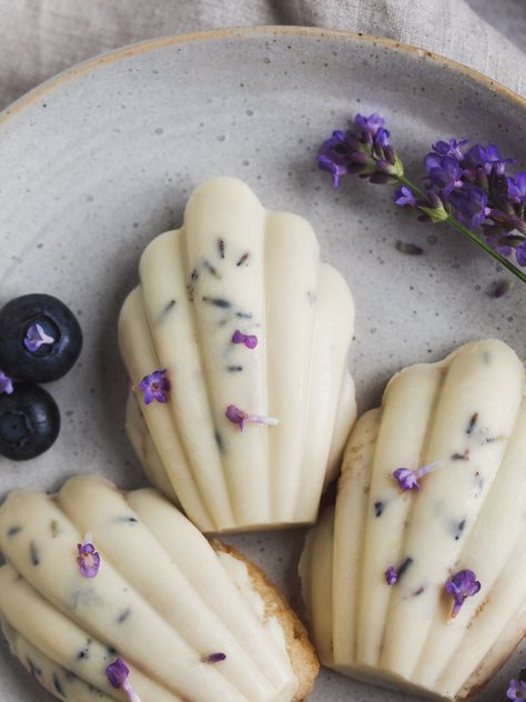 Blueberry Lavender Vegan Madeleines Lavender Deserts, Unique Flavor Combinations, Lavender Food Recipes, Lavender Baked Goods, Lavender Pastry, Blueberry Madeleines, August Desserts, Vegan Madeleines, Cute Desserts Aesthetic