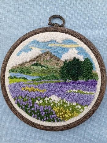 Hand Embroidered Landscapes, Landscape Embroidery Ideas, Embroidery Landscape Easy, Clouds Embroidery, Mountains Embroidery, Landscape Lavender, Embroidered Landscapes, Embroidery Water, Cloud Embroidery