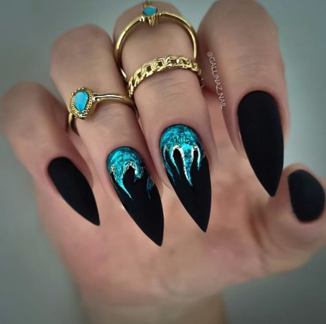 Hades Inspired Nails, Hades Nails, Grunge Christmas Nails, Blue Black Nails, Villain Nails, Birthday Nail Art, Matte Acrylic Nails, Nail Bling, Birthday Nail