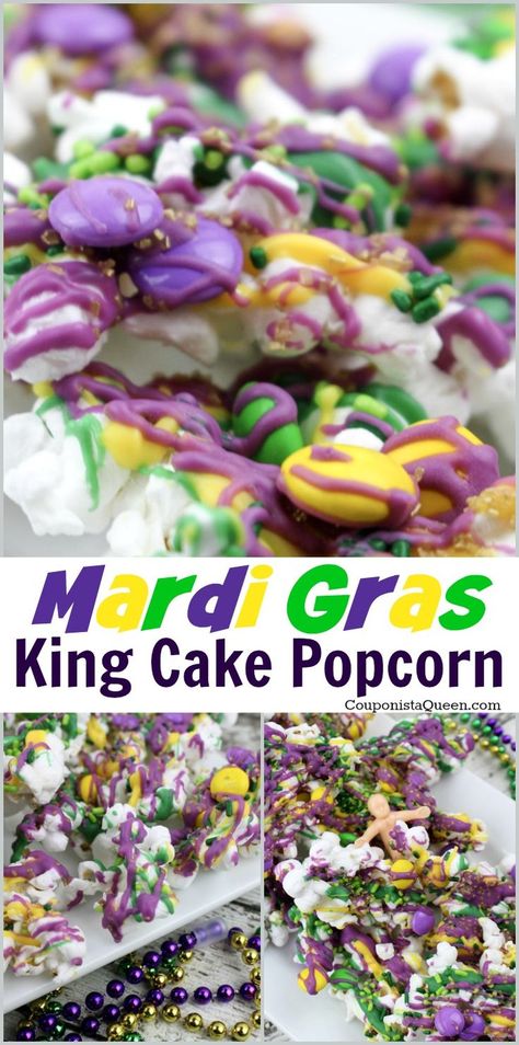 Mardi Gras King Cake Popcorn   Get cooking with http://CouponistaQueen.com and enjoy something delicious today. Mardi Gras Snacks, Mardi Gras Party Food, Mardi Gras Desserts, Cake Popcorn, Easter Snack, Mardi Grad, Madi Gras, Popcorn Cake, King Cake Recipe