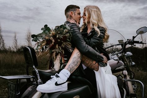 Tattooed Couple Wedding, Motorcycle Elopement Photos, Biker Elopement, Biker Wedding Ideas, Motorcycle Wedding Ideas, Biker Wedding Dress, Edgy Bride, Motorcycle Wedding, Biker Wedding