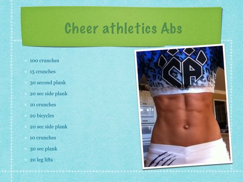 Cheer athletics abs. Fierce abs. Cheer Athletics Diet, Cheer Abs Workout, Cheer Arm Workout, Cheer Core Workout, Cheer Athletics Ab Workout, Backspot Workouts Cheer, Flexibility Workout Cheer, Cheer Diet, Cheer Conditioning Workouts Cheerleading