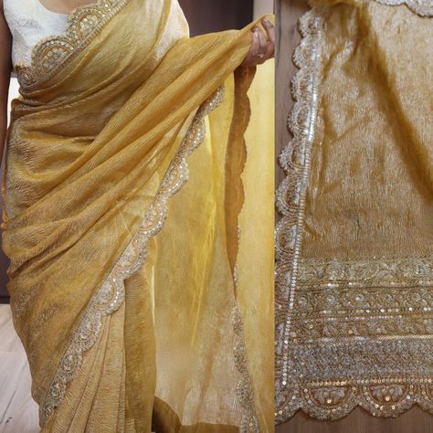 Presenting an exquisite collection of crushed Banarasi tissue silk sarees, adorned with our signature scallop borders. This enchanting shade is simply captivating. Each saree comes with a matching running blouse piece. #saree #tissuesilk #banarasi Crushed Tissue Saree, Blouse Piece, Silk Sarees, Borders, Saree, Shades, Running, Silk, Quick Saves