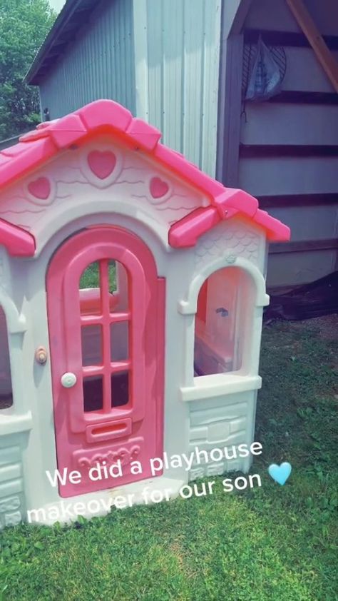 A SAVVY mum has shared how she transformed a grotty playhouse into a play den for her son on a budget. Vanna turned the Barbie pink playhouse into an adorable grey and green cottage for her tot. Sharing the transformation on social media, she revealed she bagged the playhouse for a bargain at £40 from […] Step 2 Sweetheart Playhouse Makeover, Step 2 Playhouse Makeover, Pink Playhouse, Plastic Playhouse, Playhouse Makeover, Textured Spray Paint, Green Cottage, Brick Detail, Life On A Budget