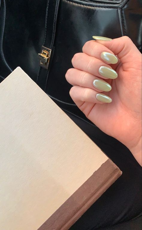 Green Glaze Nails, Green Translucent Nails, Autumn Nails 2023 Green, Sage Green Pearl Nails, Green Pearlescent Nails, Light Green Metallic Nails, Pea Green Nails, Pistachio Chrome Nails, Sage Green Cat Eye Nails