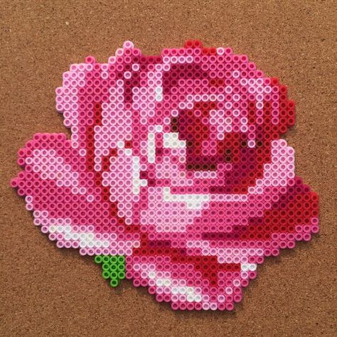 Rose flower  perler beads by Tsubasa Yamashita                                                                                                                                                      More Hama Beads Patterns Flower, Perler Beads Flower Pattern, Rose Perler Bead Pattern, Rose Perler Beads, Flower Hama Beads, Perler Bead Flower Patterns, Perler Beads Flower, Hama Beads Flower, Flower Perler Bead Patterns