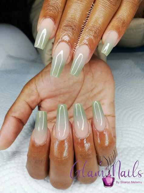 Light Green Nails Ombre, Ombre Nail Green, Sage Green And White Almond Nails, Jade Ombre Nails, Green French Ombre Nails, Sage Green Nails Ombre, Sage Green Ballerina Nails, Sage Green Ombré Nails, Peach And Sage Nails