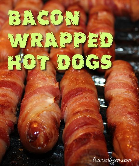 Bacon Wrapped Hot Dogs - These are even better than they look and sooooooo easy. Low Carb Dinner idea and Delicious because #BACON! Hotdogs With Bacon, Bacon Cheese Hotdogs, Bacon Wrapped Hot Dogs In Oven, Bacon Wrapped Hotdogs In Oven, Bacon Wrapped Wieners, Bacon Wrapped Hot Dog, Low Carb Taco Shells, Bacon Hot Dogs, Easy Low Carb Dinner