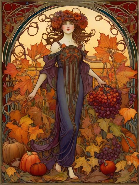 Autumn Art Nouveau, Mabon Goddess, Harvest Goddess Art, Goddess Of Autumn, Harvest Illustration Drawings, Autumn Queen Art, Fall Goddess, Fall Leaves Illustration, Harvest Goddess