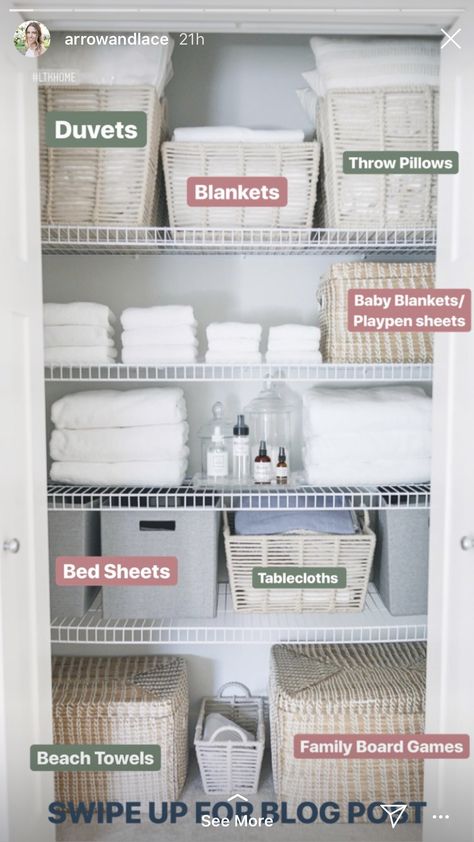 Lining Closet Organization Ideas, Hallway Cabinet Organization, Organised Linen Cupboard, Linen Organization Ideas No Closet, Small Linen Closet Ideas Hallways, Lenin Closet Organization, Linen Closet Sheet Organization, Linen Closet Makeover Hallways, Rug Storage Ideas