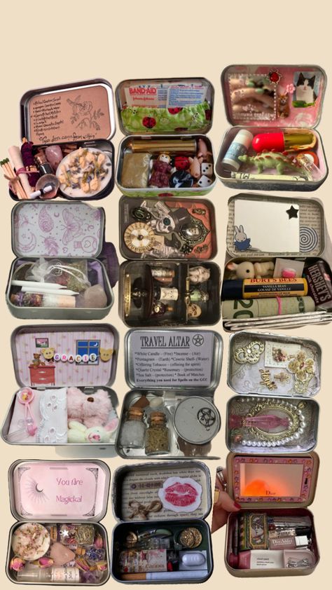 Altoid Tin Ideas Miniatures Diy, Altoid Tin Ideas Outside, Tin Case Aesthetic, Painted Altoid Tins, Mint Can Wallet, Altoid Tin Diorama, Tin Box Aesthetic, Altoid Shrine, Tin Box Painting Ideas