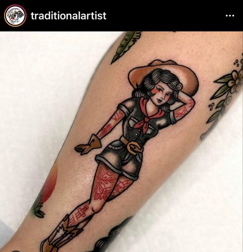 Western Themed Traditional Tattoos, Cowgirl Flash Art, Deck Of Cards Tattoo Western, American Traditional Cowgirl Pinup, Trad Cowgirl Tattoo, Old School Cowgirl Tattoo, Pinup Tattoo Cowgirl, Traditional Gunslinger Tattoo, Retro Cowgirl Tattoo