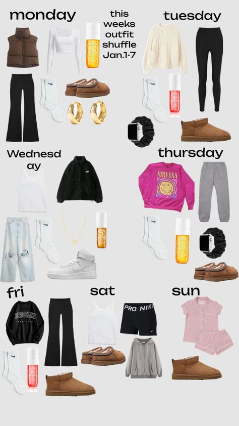 this weeks January’s outfits! What To Wear For Shopping, Outfit For Everyday Of The Week, Thanking Outfits, Normal School Outfits, Weekly Outfit Planner For School, Outfits For Everyday Of The Week, What To Wear Each Day Of The Week, Outfits For Days Of The Week, Day Of The Week Outfits