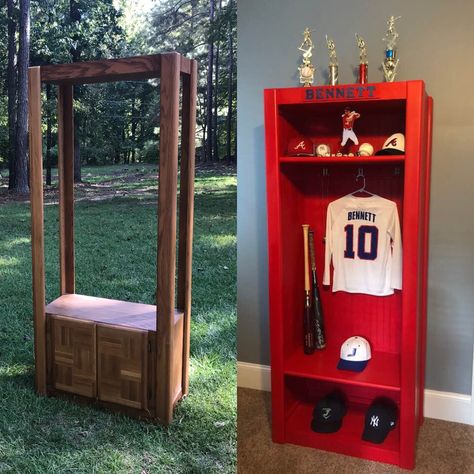 Baseball Locker Decorations, Vintage Baseball Bedroom, Baseball Dresser, Sports Locker Room, Repurposed Entertainment Center, Baseball Furniture, Baseball Shelf, Sports Memorabilia Display, Twins Bedroom