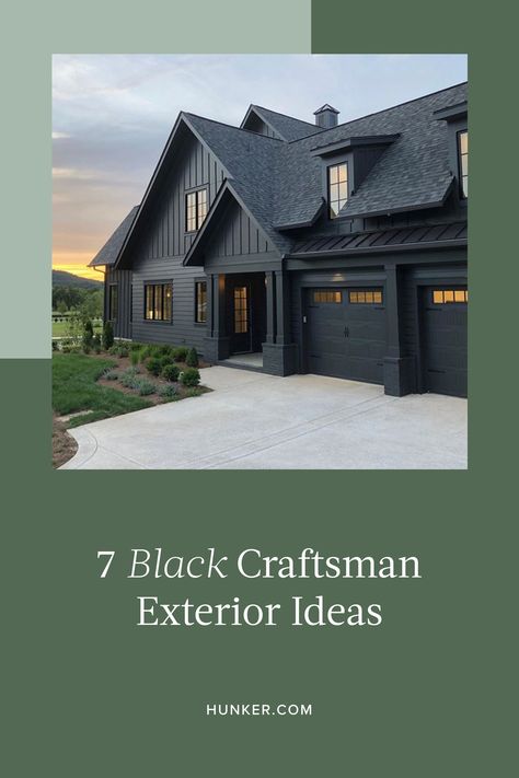 If you're wondering what paint combinations to use for your craftsman house exterior, we've got a somewhat unconventional inspiration: Paint the house black. Here's some inspiration to prove that the idea isn't as wacky as it sounds at first. #hunkerhome #homeexterior #blackexterior #craftsmanstyle #blackpaintcolor White House Black Trim Wood Accents Craftsman, Exterior Paint Dark Trim, Grey And Charcoal House Exterior, Painted Craftsman House, Dark Exterior Craftsman House, Craftsman House Paint Colors, Charcoal Painted House Exterior, Charcoal Exterior House Colors Farmhouse, Charcoal Exterior Paint