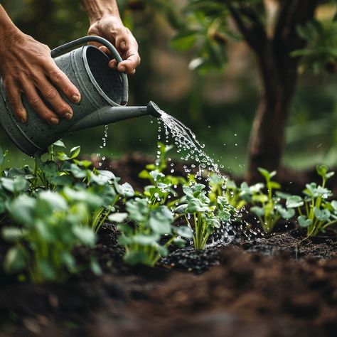 Watering Young Plants: A gardener carefully waters young plants in a garden, nurturing growth with a watering can. #gardening #watering #plants #growth #nurture #aiart #aiphoto #stockcake ⬇️ Download and 📝 Prompt 👉 https://ayr.app/l/WgqB Watering Garden, Watering Plants, Watering Cans, Creative Shot, Plant Images, Garden Images, Plant Drawing, Garden Care, Plant Pictures