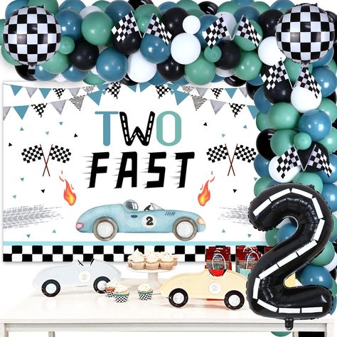 PRICES MAY VARY. Vintage Two Fast Birthday Decorations: You will get 20pcs latex balloons 10 inches, 35pcs latex balloons 12 inches, 15pcs latex balloons 5 inches, 2pcs Checkered foil balloons 18 inches, 8pcs race car flags, 1 TWO FAST backdrop 5*3 ft, 1 number"2" foil balloon 32 inches (No Helium Supported), 2pcs white stickers, 1 roll of balloon tape strip, 1 roll of adhesive dot, 2 rolls of white ribbon. Two Fast Backdrop: The size of vintage two fast backdrop is 3*5 ft(1x1.5m), it is made of Fast Birthday Decorations, Two Fast Birthday, 2nd Birthday Party For Boys, Fest Temaer, 2nd Birthday Boys, Boy Vintage, Car Themed Parties, Race Car Birthday Party, Boy Birthday Party Themes