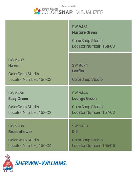 I just created this color palette with the Sherwin-Williams ColorSnap® Visualizer app on my Android phone. What do you think? You can learn more about ColorSnap Visualizer and get it on your phone free by visiting https://www.sherwin-williams.com/content/colorsnap.html. Sherwin Williams Lounge Green, Great Green Sherwin Williams, Greenhouse Colors, Violet Brown, Green Ideas, Annie Sloan Paints, Green Paint Colors, Paint Colors For Home, Green Paint