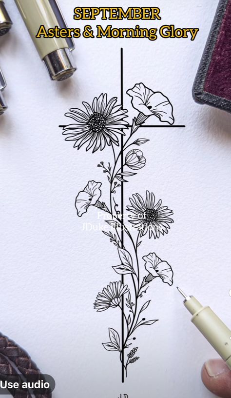 Aster Wildflower Tattoo, Aster Sleeve Tattoo, Cross With Morning Glory Tattoo, New England Aster Tattoo, Aster Embroidery Pattern, Daisy And Morning Glory Flower Tattoo, Asters And Morning Glories Tattoo, Aster And Morning Glory Drawing, September Birth Flower Drawing