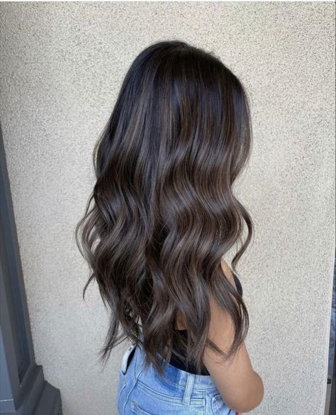 Brown With Mocha Highlights, Babylights In Dark Hair, Ashy And Mocha Highlights On Dark Hair, Hair Inspiration Dark Brown, Brunette Balayage Hair Natural, Ashy Highlights On Black Hair, Subtle Brown Highlights On Dark Hair, Ashy Black Hair Balayage, Black Hair With Ashy Highlights