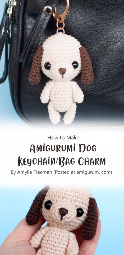 Amigurumi Dog Keychain/Bag Charm By Amylie Freeman (Posted at amigurum. com). This is a simple and cute pattern to make your own little puppy dog. Hope you enjoy it! Crochet Dog Keyring Free Pattern, Crochet Puppy Keychain, Crochet Dog Keychain Free Pattern, Crochet Dog Bag, Dog Crochet Keychain, Crochet Dog Keychain, Amigurumi Keychain Pattern, Crochet Amigurumi Dog, Random Crochet