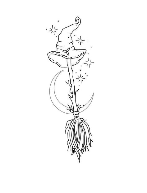 Halloween Tattoo Witch, Witches Broom Drawing, Witchy Tattoos Simple, Witches Hat Tattoo, Witch Broom Drawing, Witches Broom Tattoo, Witch Broom Tattoo, Witchy Drawings Simple, Cute Halloween Tattoos