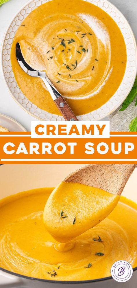 White Bean Carrot Soup, Creamy Roasted Carrot Soup, Best Pureed Soups, Veloute Soup Recipes, Easy Pureed Soup Recipes, Carrot Puree Soup, Healthy Creamy Soups, Creamy Veggie Soup Recipes, Butter Poached Carrots