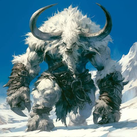 Snow Monster Art, Fantasy Beast Concept Art, Beastman Fantasy Art, Fantasy Race Concept Art, Fantasy Races Concept, Minotaur Art, Snow Creatures, Snow Monster, Beast Creature