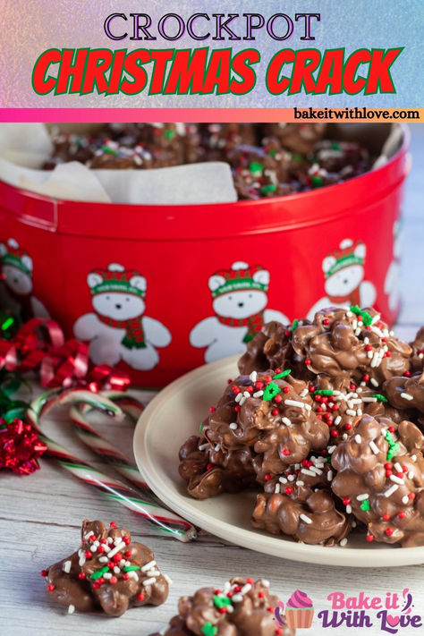 Tasty crockpot Christmas crack candies are set up with holiday sprinkles on top and stacked on a plate in front of the decorative holiday bear tin. Christmas Chocolate Recipes, Crockpot Candy Recipes, Crockpot Christmas, Chocolate Peanut Clusters, Christmas Candy Easy, Easy Christmas Candy Recipes, Christmas Candy Homemade, Crockpot Candy, Peanut Clusters